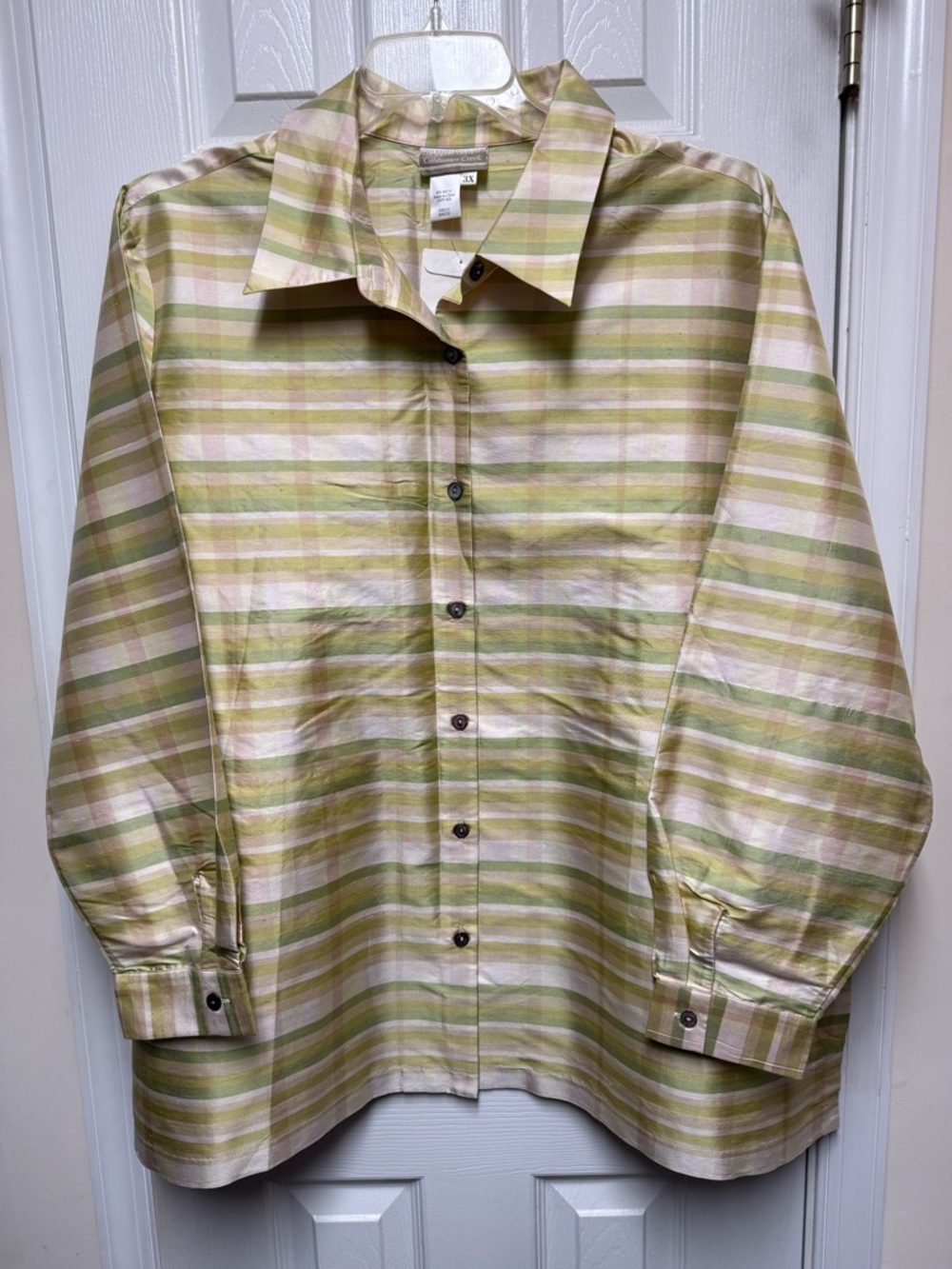Coldwater Creek Silk Pastel Plaid Blouse in Light Green Pink and Cream 3X